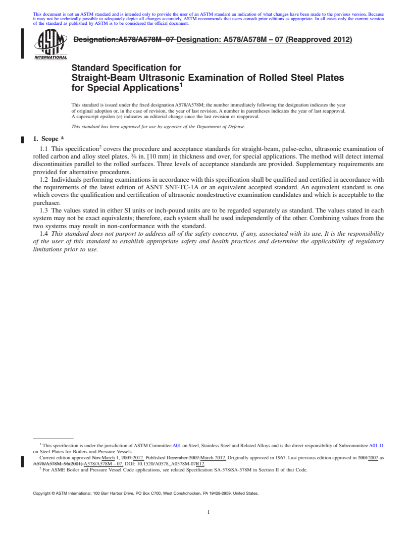 REDLINE ASTM A578/A578M-07(2012) - Standard Specification for Straight-Beam Ultrasonic Examination of Rolled Steel Plates for Special Applications