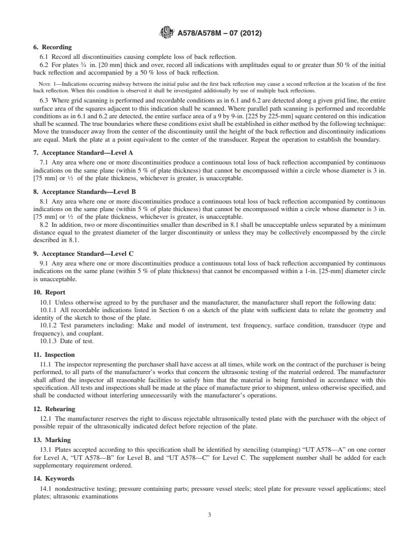 REDLINE ASTM A578/A578M-07(2012) - Standard Specification for Straight-Beam Ultrasonic Examination of Rolled Steel Plates for Special Applications