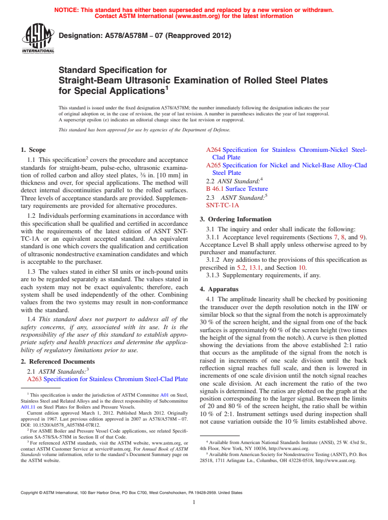 ASTM A578/A578M-07(2012) - Standard Specification for Straight-Beam Ultrasonic Examination of Rolled Steel Plates for Special Applications