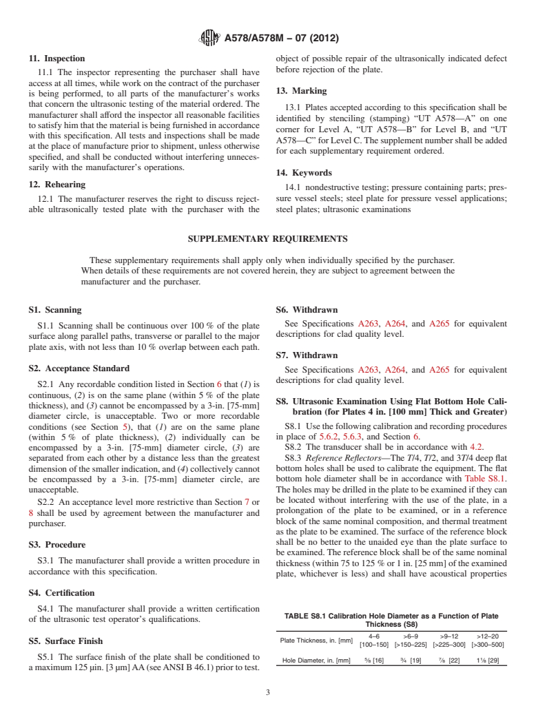 ASTM A578/A578M-07(2012) - Standard Specification for Straight-Beam Ultrasonic Examination of Rolled Steel Plates for Special Applications