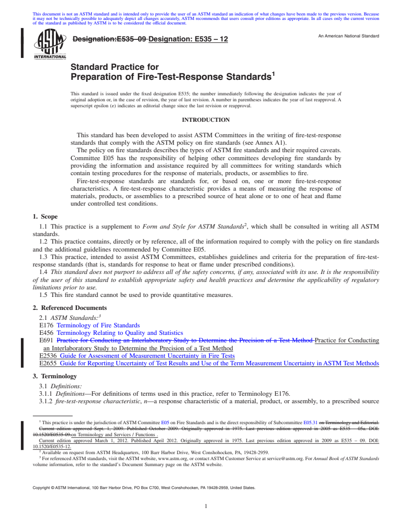 REDLINE ASTM E535-12 - Standard Practice for Preparation of Fire-Test-Response Standards