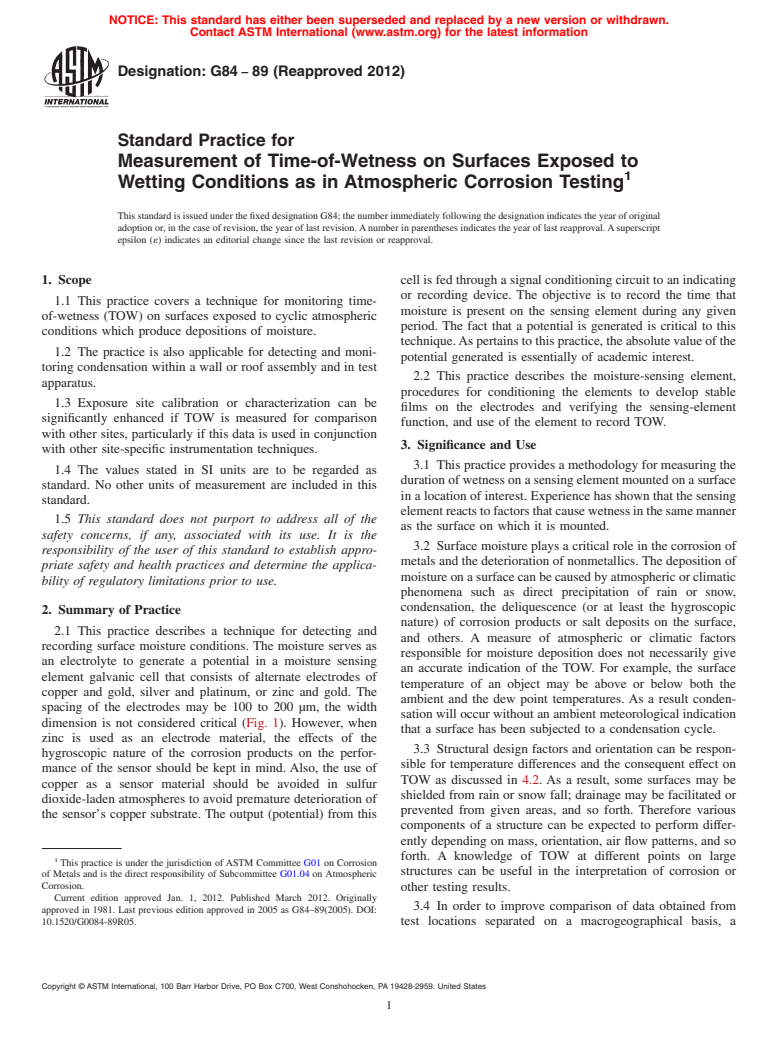 ASTM G84-89(2012) - Standard Practice for Measurement of Time-of-Wetness on Surfaces Exposed to Wetting Conditions as in Atmospheric Corrosion Testing