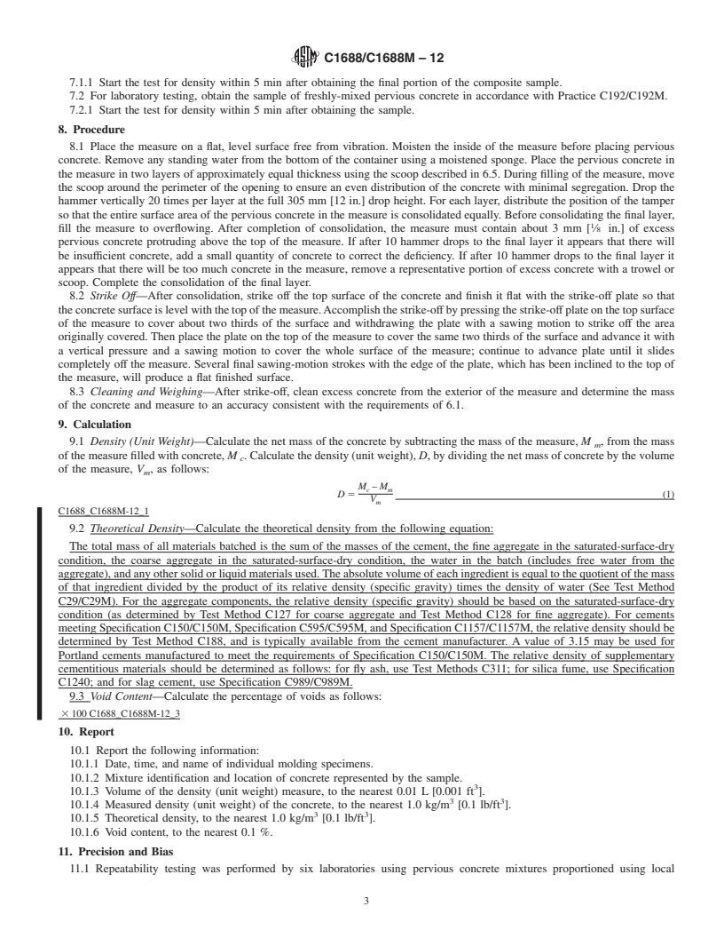 REDLINE ASTM C1688/C1688M-12 - Standard Test Method for Density and Void Content of Freshly Mixed Pervious Concrete