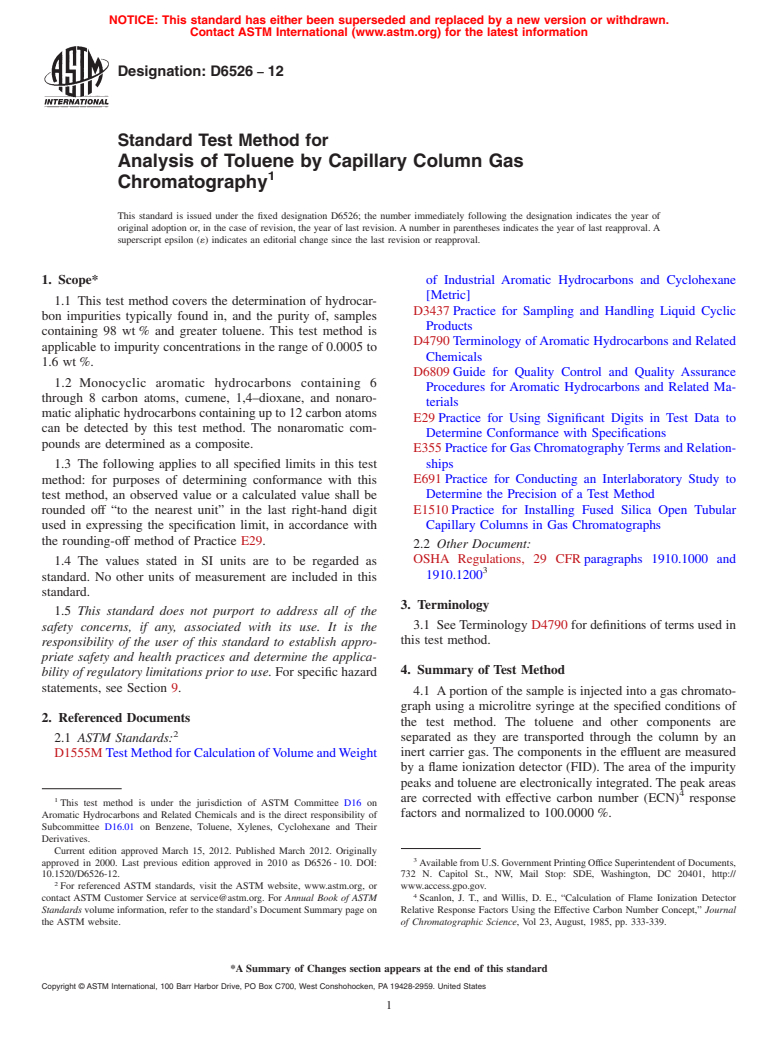 ASTM D6526-12 - Standard Test Method for Analysis of Toluene by Capillary Column Gas Chromatography (Withdrawn 2018)