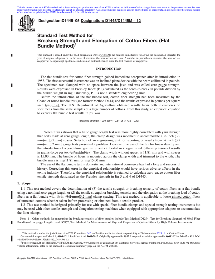 REDLINE ASTM D1445/D1445M-12 - Standard Test Method for Breaking Strength and Elongation of Cotton Fibers (Flat Bundle Method)