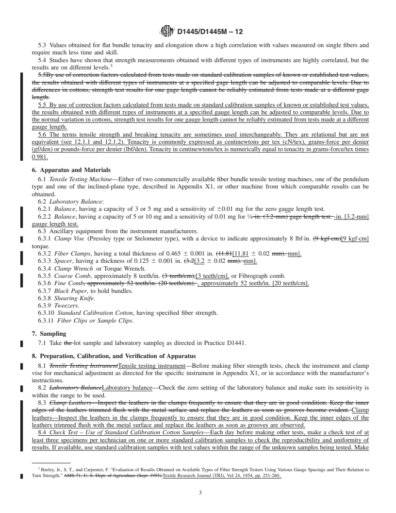 REDLINE ASTM D1445/D1445M-12 - Standard Test Method for Breaking Strength and Elongation of Cotton Fibers (Flat Bundle Method)