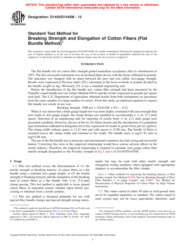 ASTM D1445/D1445M-12 - Standard Test Method for Breaking Strength and Elongation of Cotton Fibers (Flat Bundle Method)