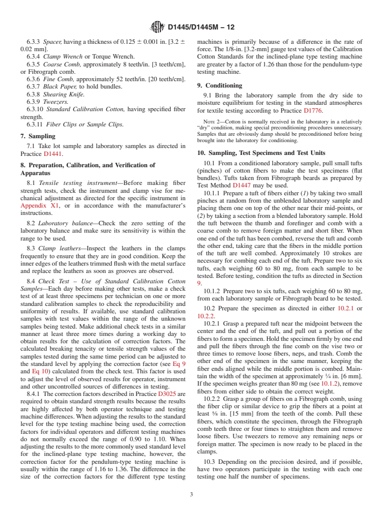 ASTM D1445/D1445M-12 - Standard Test Method for Breaking Strength and Elongation of Cotton Fibers (Flat Bundle Method)