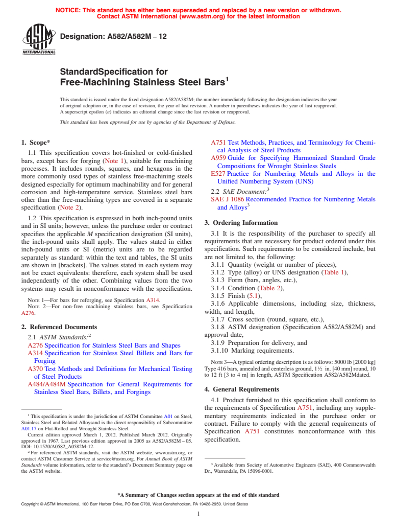 ASTM A582/A582M-12 - Standard Specification for  Free-Machining Stainless Steel Bars