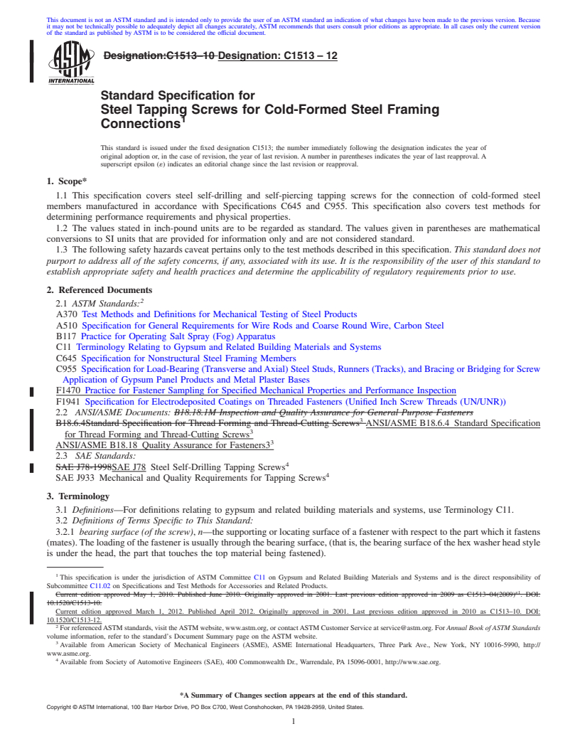 REDLINE ASTM C1513-12 - Standard Specification for Steel Tapping Screws for Cold-Formed Steel Framing Connections