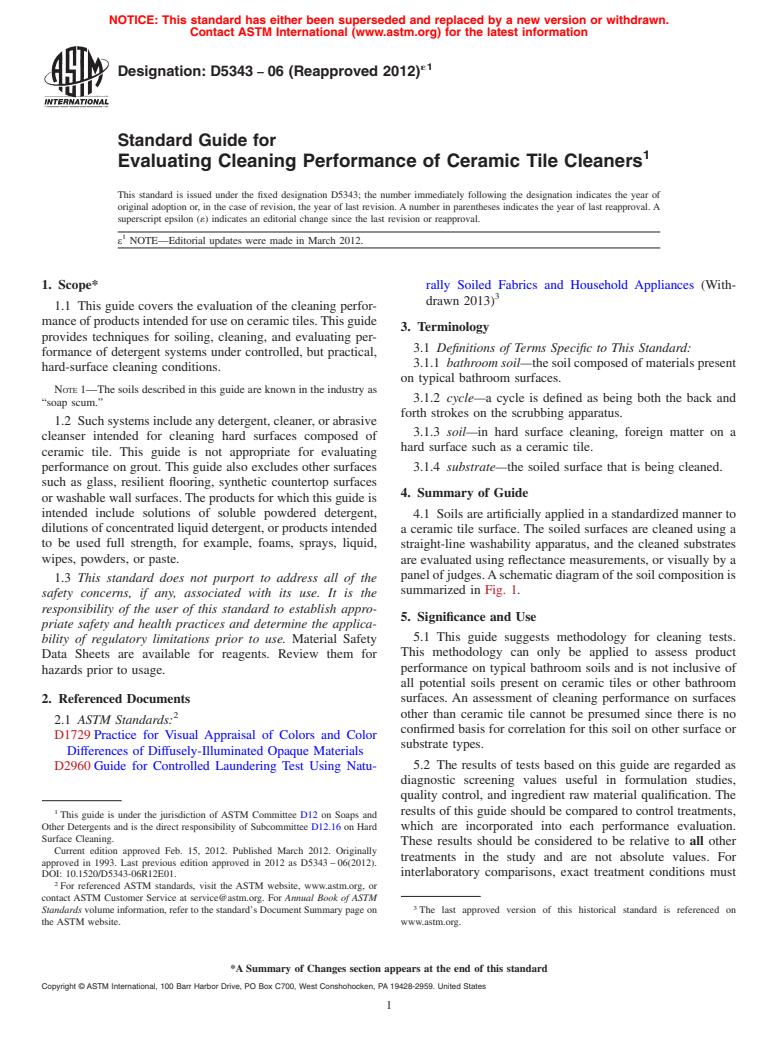 ASTM D5343-06(2012)e1 - Standard Guide for Evaluating Cleaning Performance of Ceramic Tile Cleaners