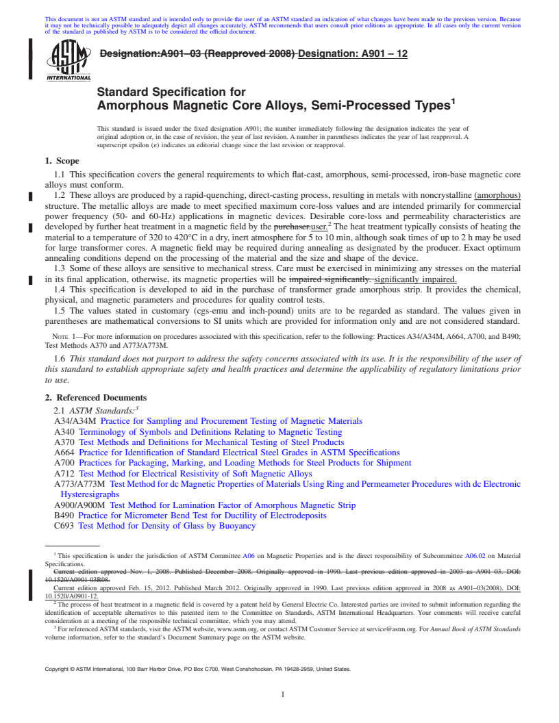 REDLINE ASTM A901-12 - Standard Specification for Amorphous Magnetic Core Alloys, Semi-Processed Types