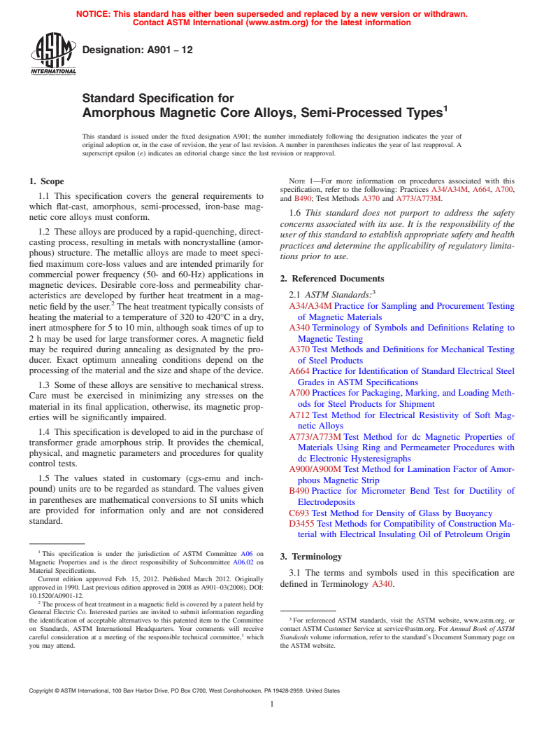 ASTM A901-12 - Standard Specification for Amorphous Magnetic Core Alloys, Semi-Processed Types