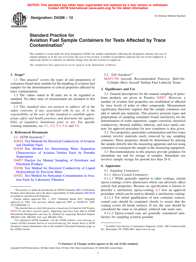 ASTM D4306-12 - Standard Practice for Aviation Fuel Sample Containers for Tests Affected by Trace Contamination