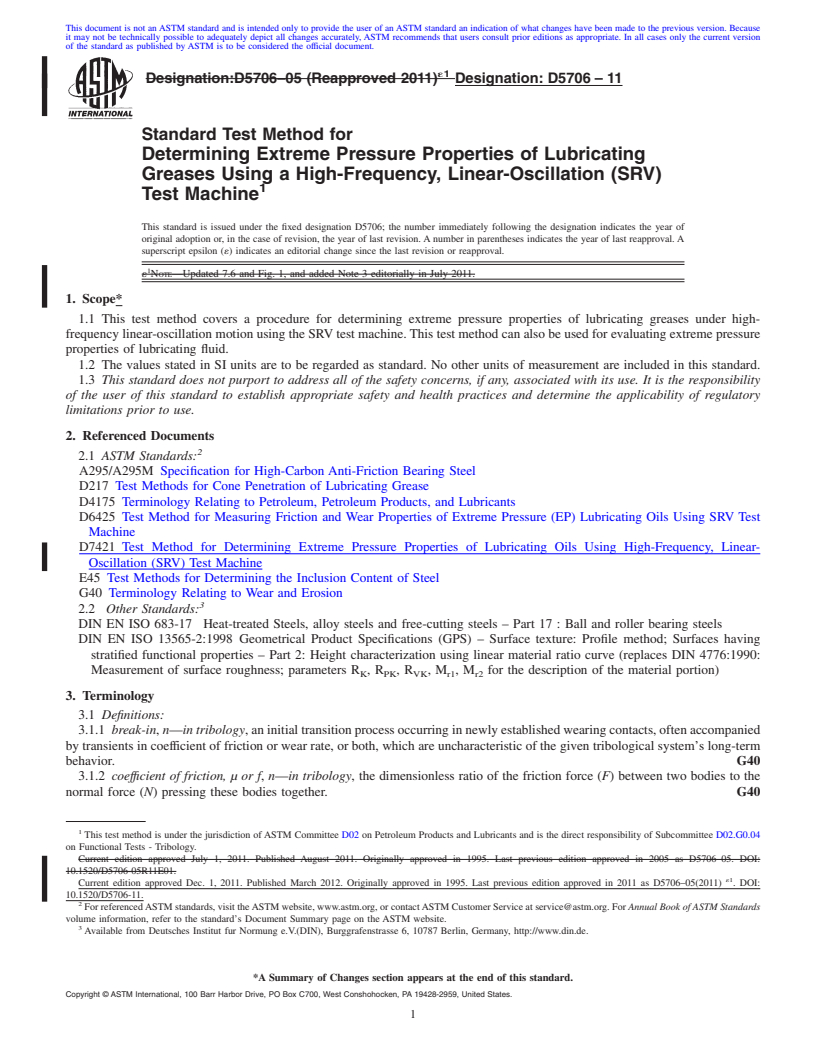 REDLINE ASTM D5706-11 - Standard Test Method for Determining Extreme Pressure Properties of Lubricating Greases Using a High-Frequency, Linear-Oscillation (SRV) Test Machine