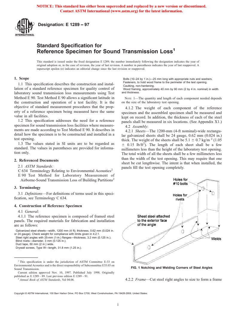 ASTM E1289-97 - Standard Specification for Reference Specimen for Sound Transmission Loss