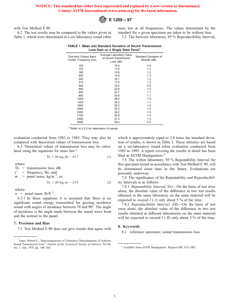 ASTM E1289-97 - Standard Specification for Reference Specimen for Sound Transmission Loss