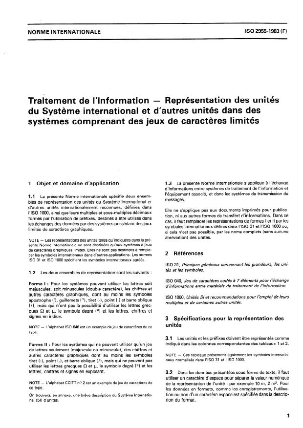 ISO 2955:1983 - Traitement de l'information -- Représentation des unités du Systeme international et d'autres unités dans des systemes comprenant des jeux de caracteres limités