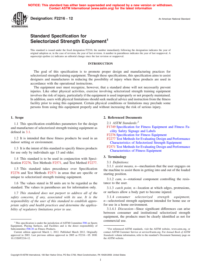 ASTM F2216-12 - Standard Specification for Selectorized Strength Equipment