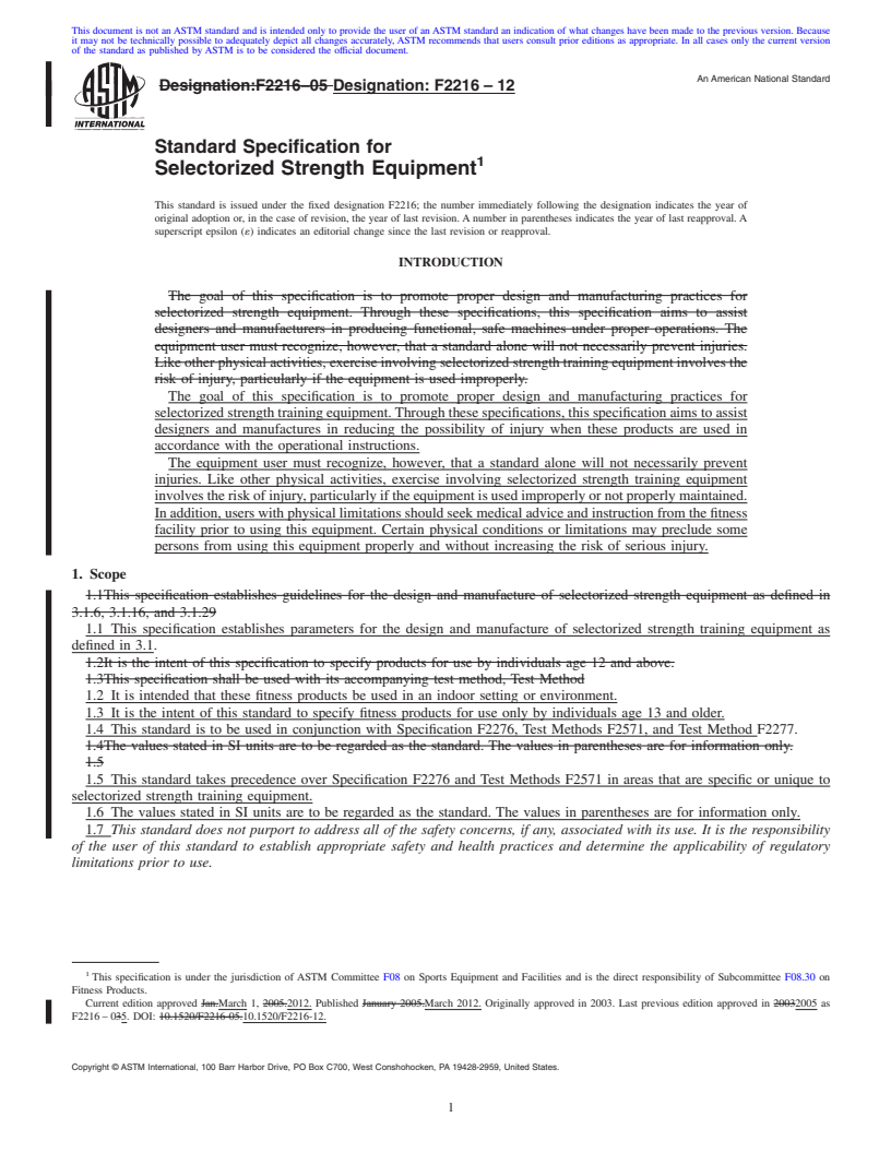 REDLINE ASTM F2216-12 - Standard Specification for Selectorized Strength Equipment