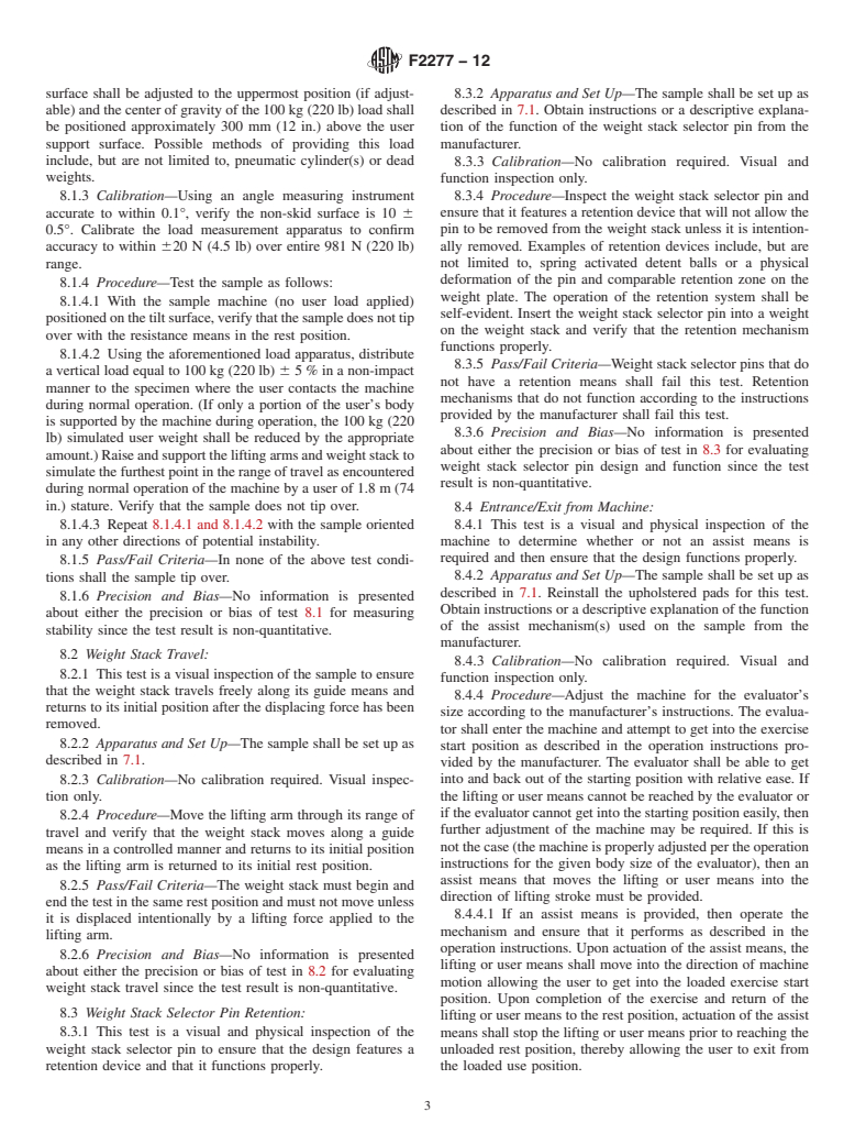 ASTM F2277-12 - Standard Test Methods for Evaluating Design and Performance Characteristics of Selectorized Strength Equipment