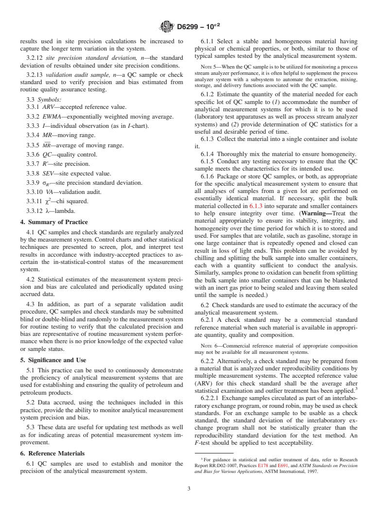 ASTM D6299-10e2 - Standard Practice for Applying Statistical Quality Assurance and Control Charting Techniques to Evaluate Analytical Measurement System Performance