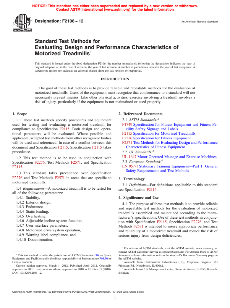 ASTM F2106-12 - Standard Test Methods for Evaluating Design and Performance Characteristics of Motorized Treadmills