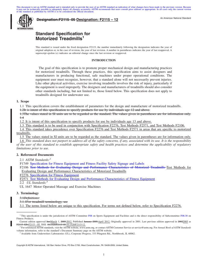 REDLINE ASTM F2115-12 - Standard Specification for Motorized Treadmills