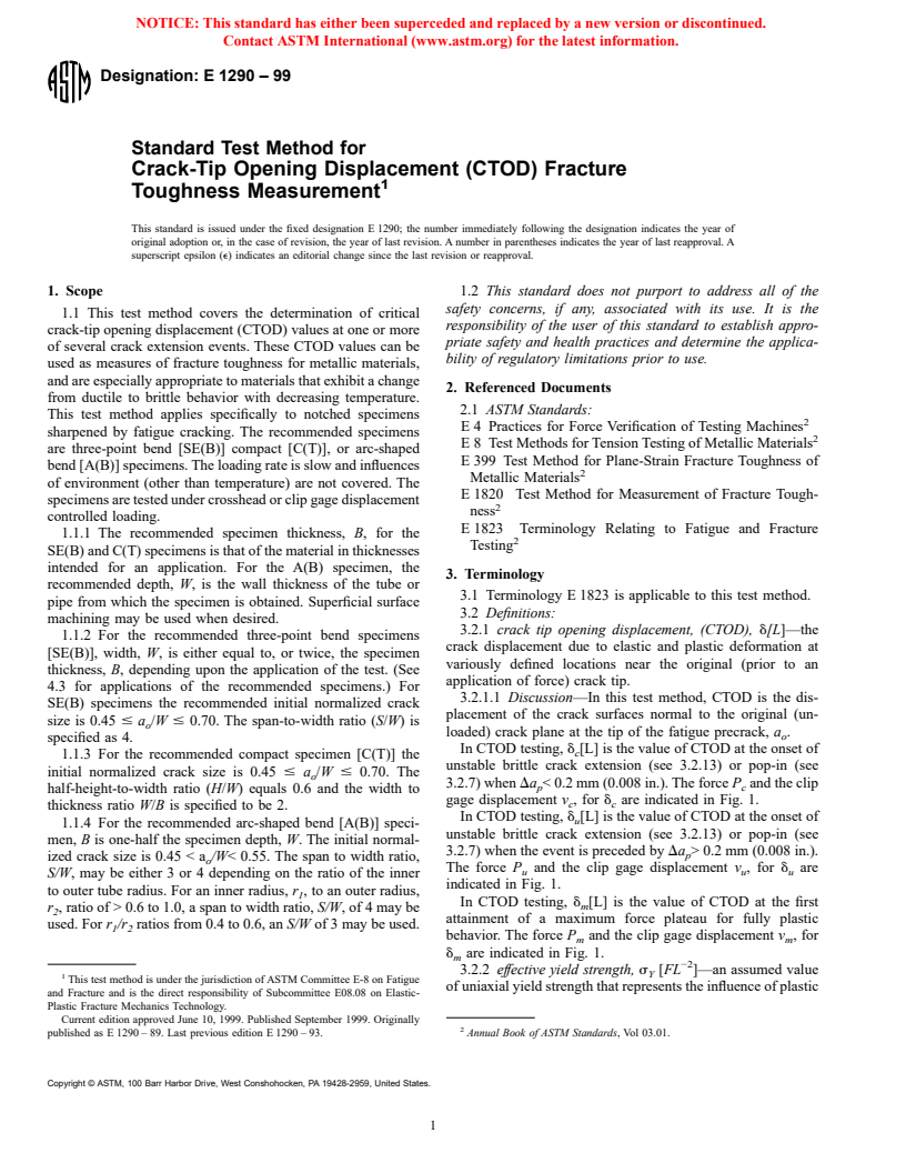 ASTM E1290-99 - Standard Test Method for Crack-Tip Opening Displacement (CTOD) Fracture Toughness Measurement