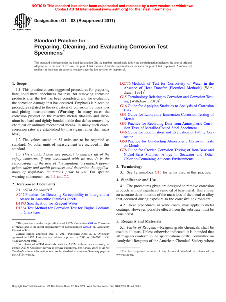 ASTM G1-03(2011) - Standard Practice for Preparing, Cleaning, and Evaluating Corrosion Test Specimens