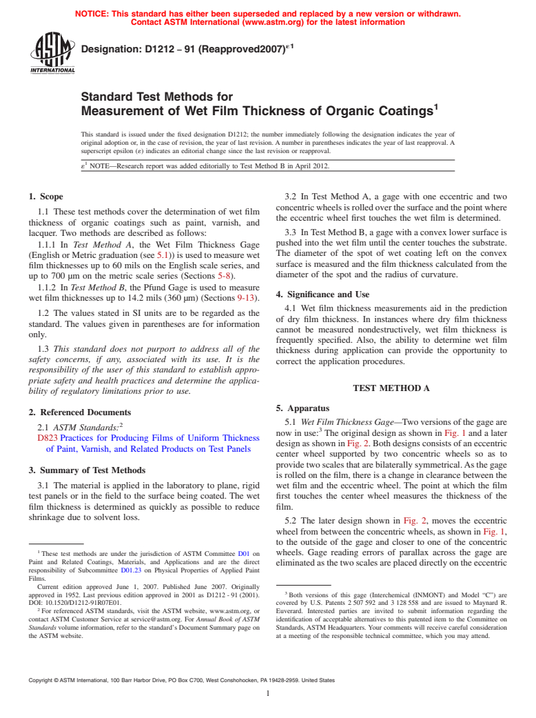ASTM D1212-91(2007)e1 - Standard Test Methods for  Measurement of Wet Film Thickness of Organic Coatings