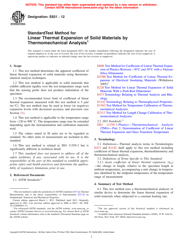 ASTM E831-12 - Standard Test Method for  Linear Thermal Expansion of Solid Materials by Thermomechanical Analysis