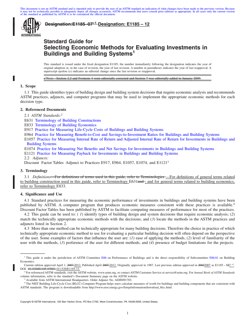 REDLINE ASTM E1185-12 - Standard Guide for  Selecting Economic Methods for Evaluating Investments in Buildings and Building Systems