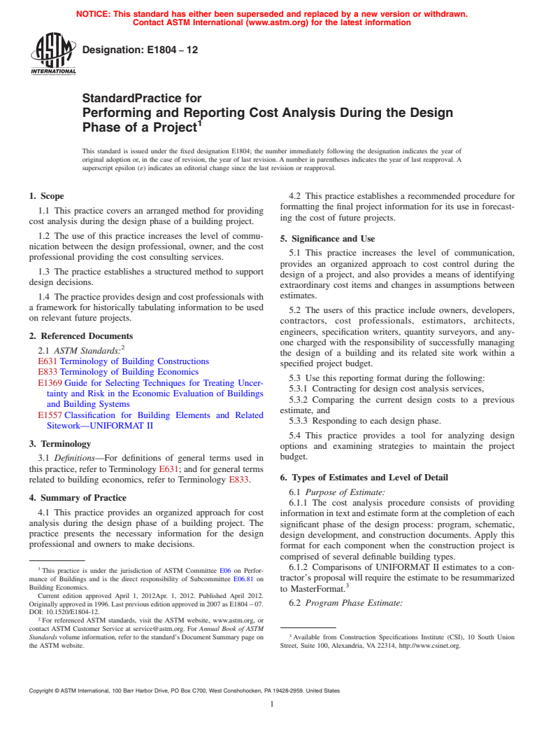 ASTM E1804-12 - Standard Practice for  Performing and Reporting Cost Analysis During the Design Phase of a Project