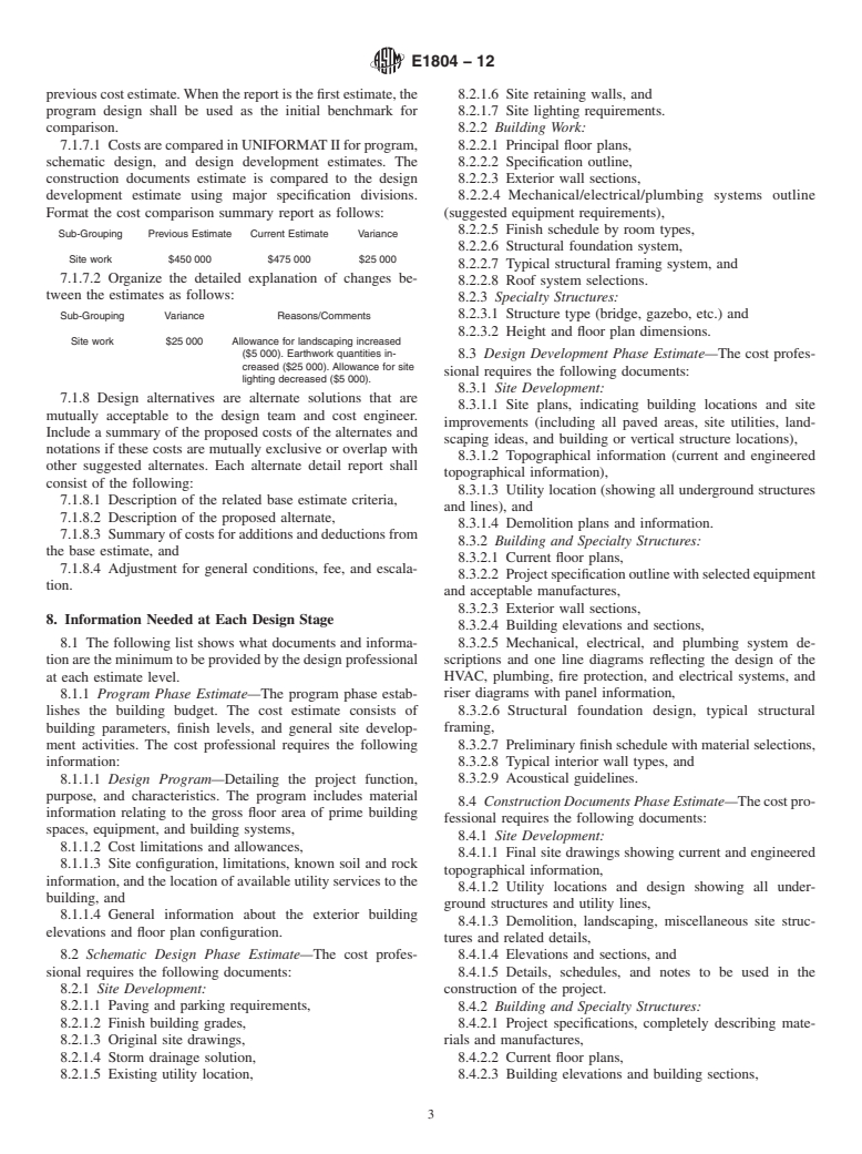 ASTM E1804-12 - Standard Practice for  Performing and Reporting Cost Analysis During the Design Phase of a Project