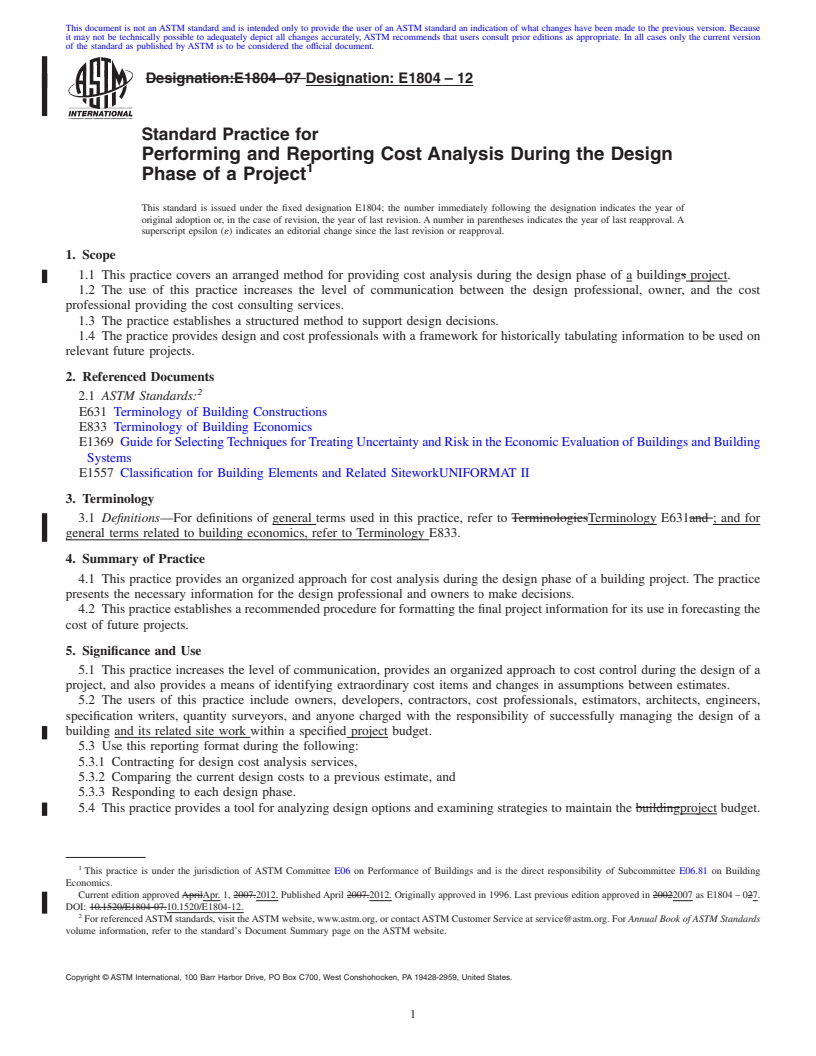 REDLINE ASTM E1804-12 - Standard Practice for  Performing and Reporting Cost Analysis During the Design Phase of a Project