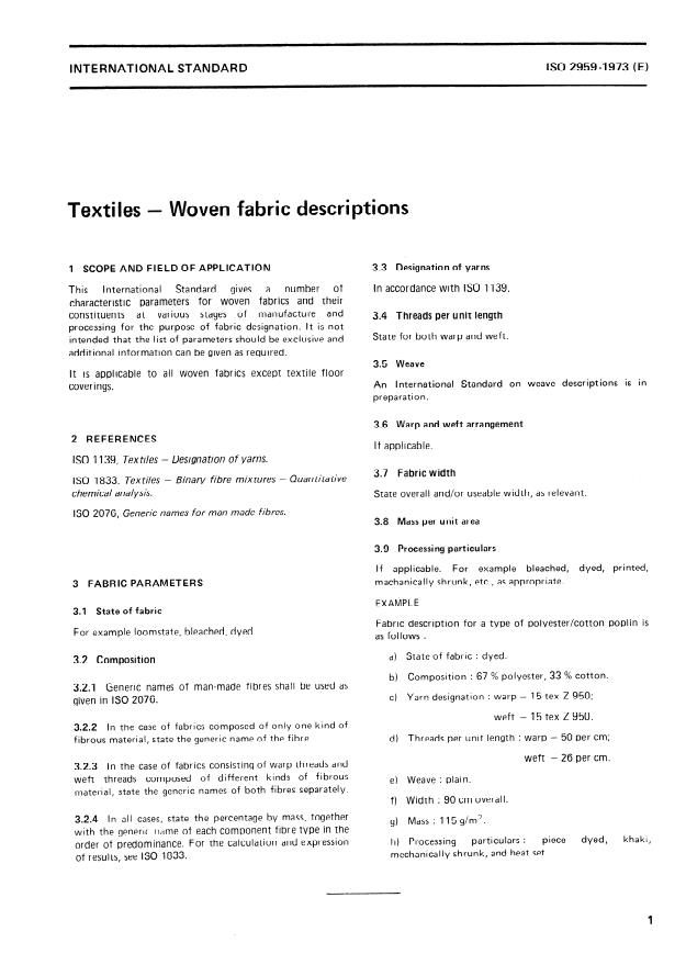 ISO 2959:1973 - Textiles -- Woven fabric descriptions