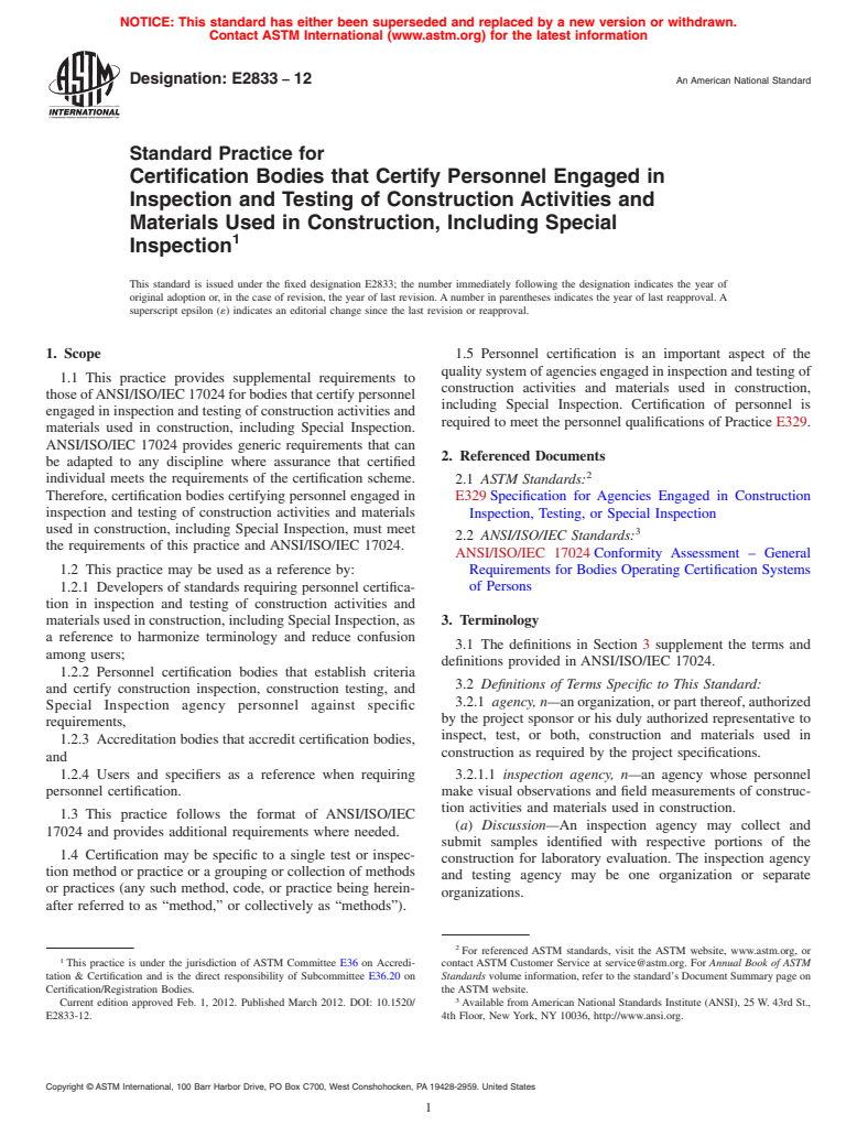 ASTM E2833-12 - Standard Practice for Certification Bodies that Certify Personnel Engaged in Inspection and Testing of Construction Activities and Materials Used in Construction, Including Special Inspection