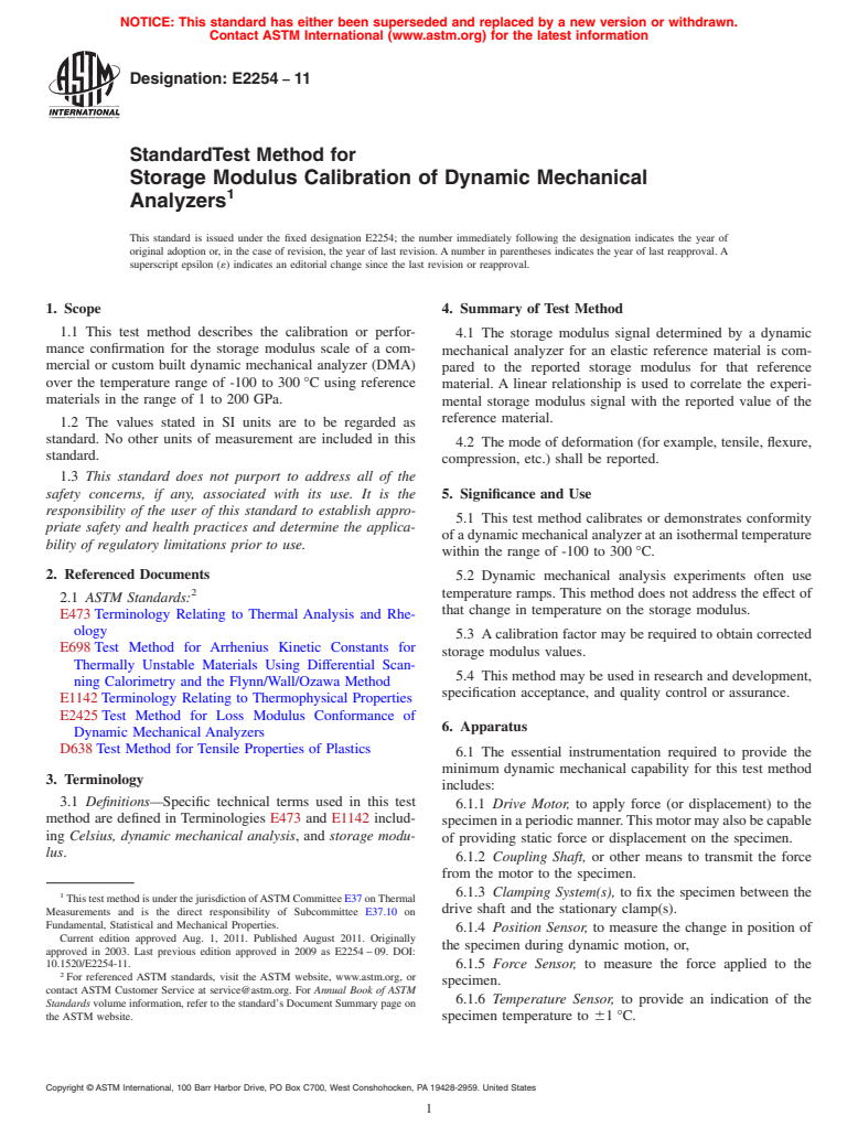 ASTM E2254-11 - Standard Test Method for Storage Modulus Calibration of Dynamic Mechanical Analyzers