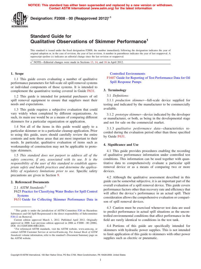 ASTM F2008-00(2012)e1 - Standard Guide for Qualitative Observations of Skimmer Performance