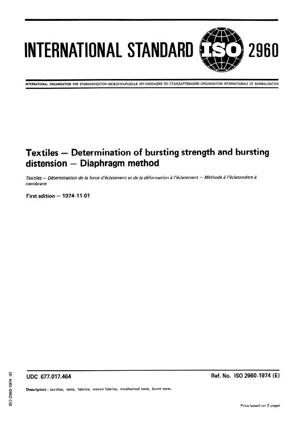 ISO 2960:1974 - Textiles -- Determination of bursting strength and bursting distension -- Diaphragm method