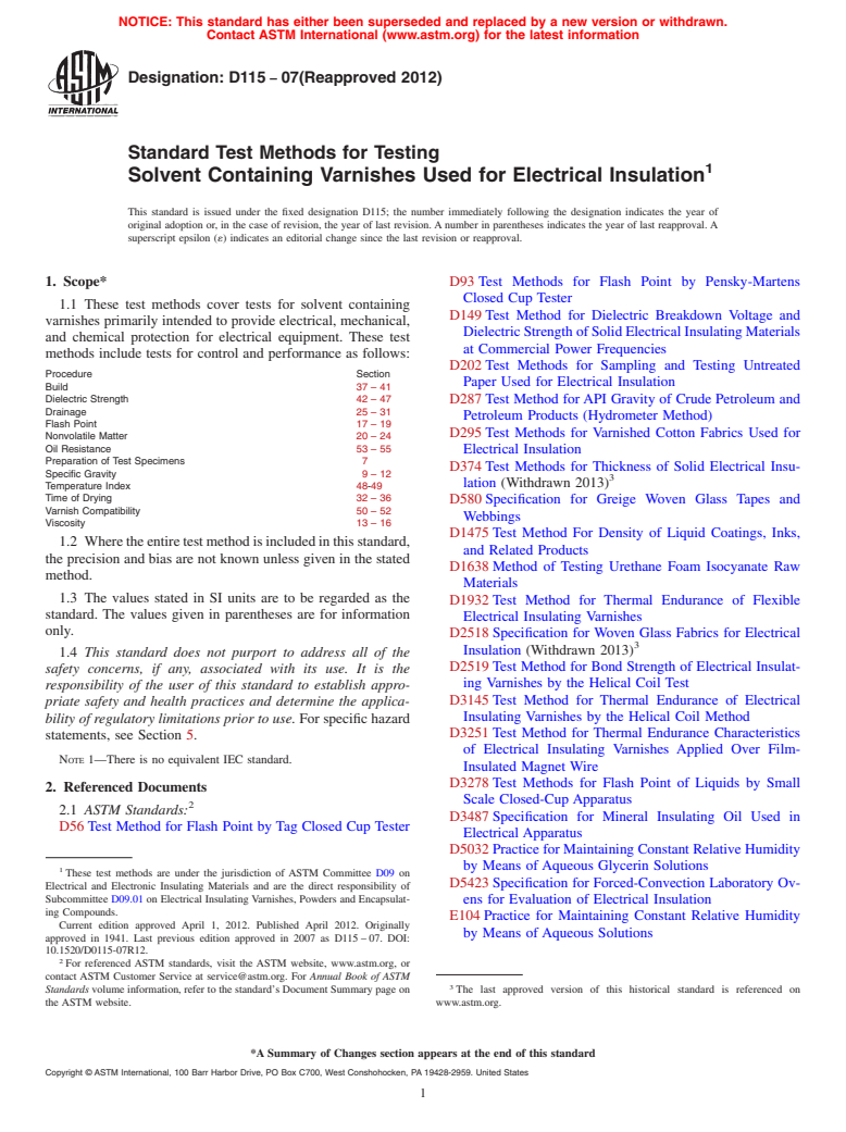 ASTM D115-07(2012) - Standard Test Methods for Testing Solvent Containing Varnishes Used for Electrical Insulation