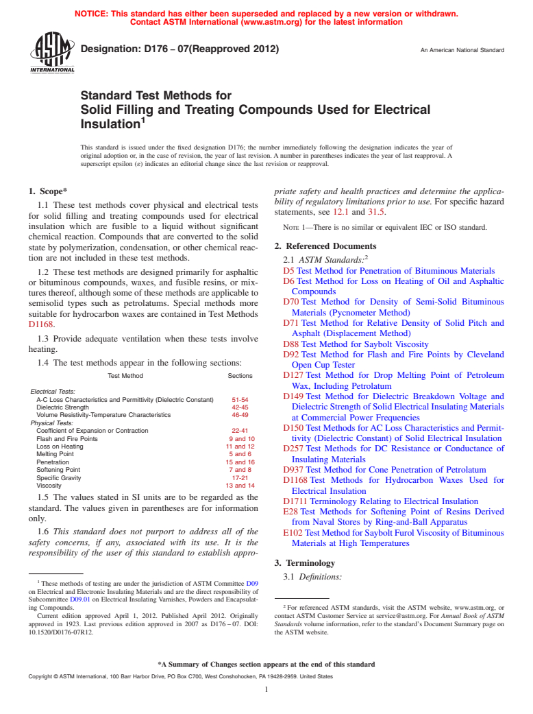 ASTM D176-07(2012) - Standard Test Methods for  Solid Filling and Treating Compounds Used for Electrical Insulation (Withdrawn 2013)