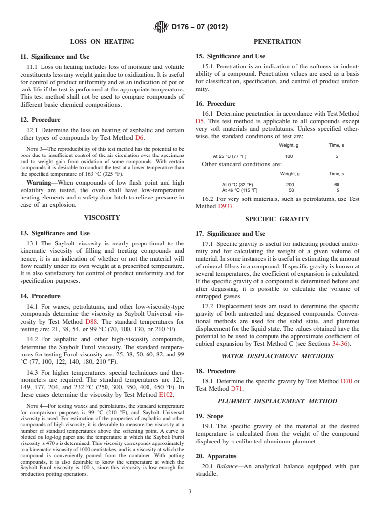 ASTM D176-07(2012) - Standard Test Methods for  Solid Filling and Treating Compounds Used for Electrical Insulation (Withdrawn 2013)