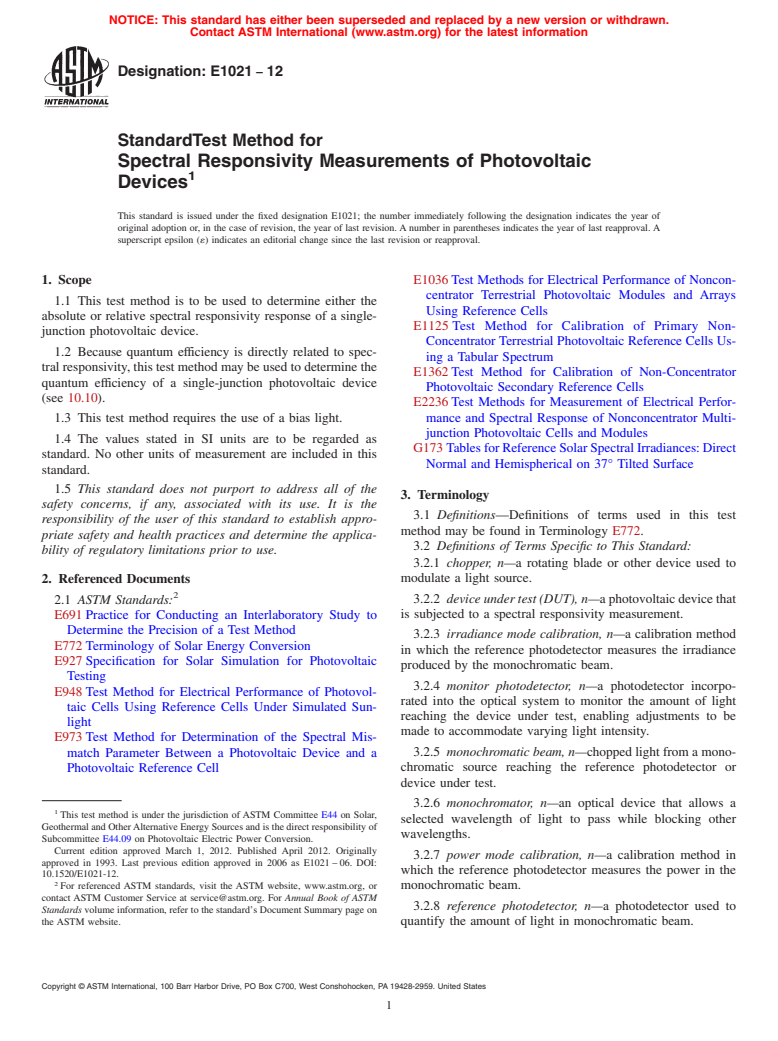 ASTM E1021-12 - Standard Test Method for  Spectral Responsivity Measurements of Photovoltaic Devices