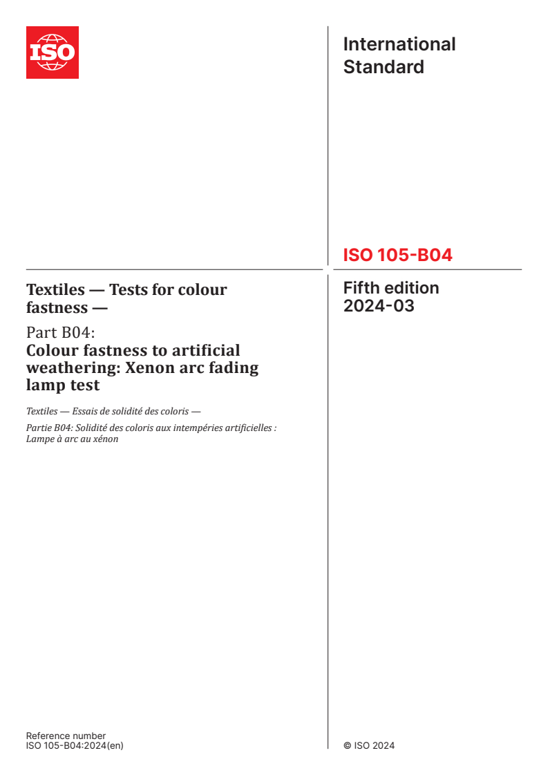 ISO 105-B04:2024 - Textiles — Tests for colour fastness — Part B04: Colour fastness to artificial weathering: Xenon arc fading lamp test
Released:8. 03. 2024