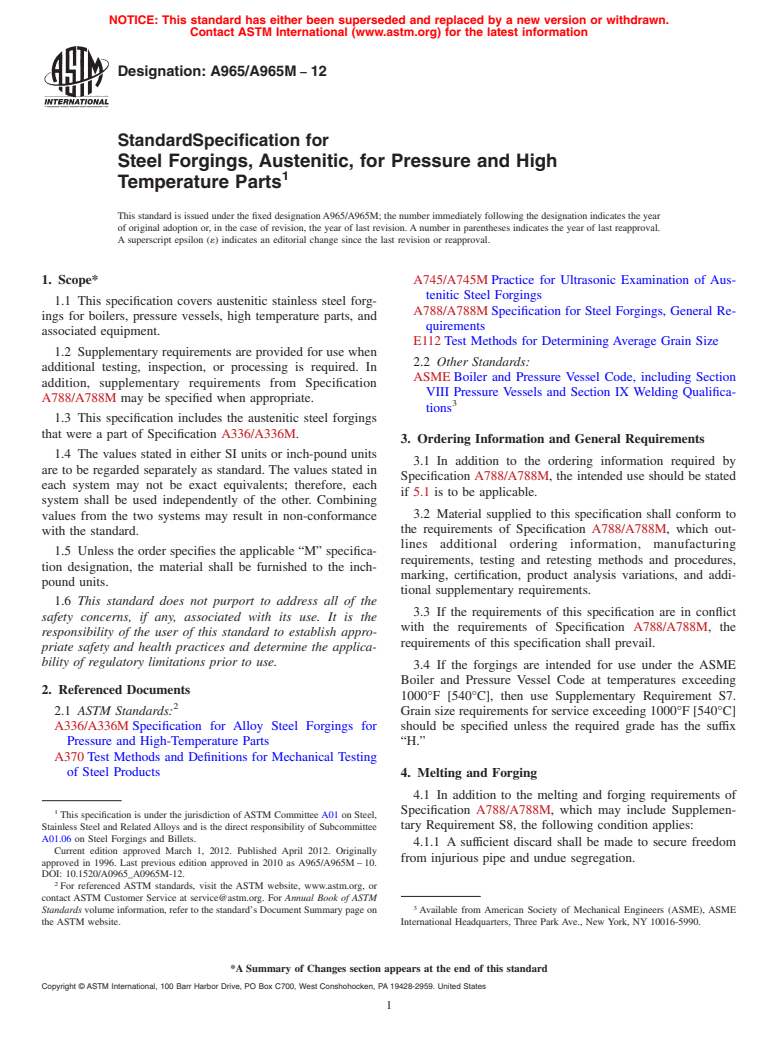 ASTM A965/A965M-12 - Standard Specification for  Steel Forgings, Austenitic, for Pressure and High Temperature Parts