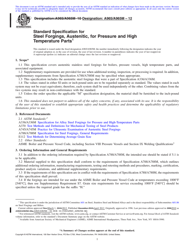 REDLINE ASTM A965/A965M-12 - Standard Specification for  Steel Forgings, Austenitic, for Pressure and High Temperature Parts