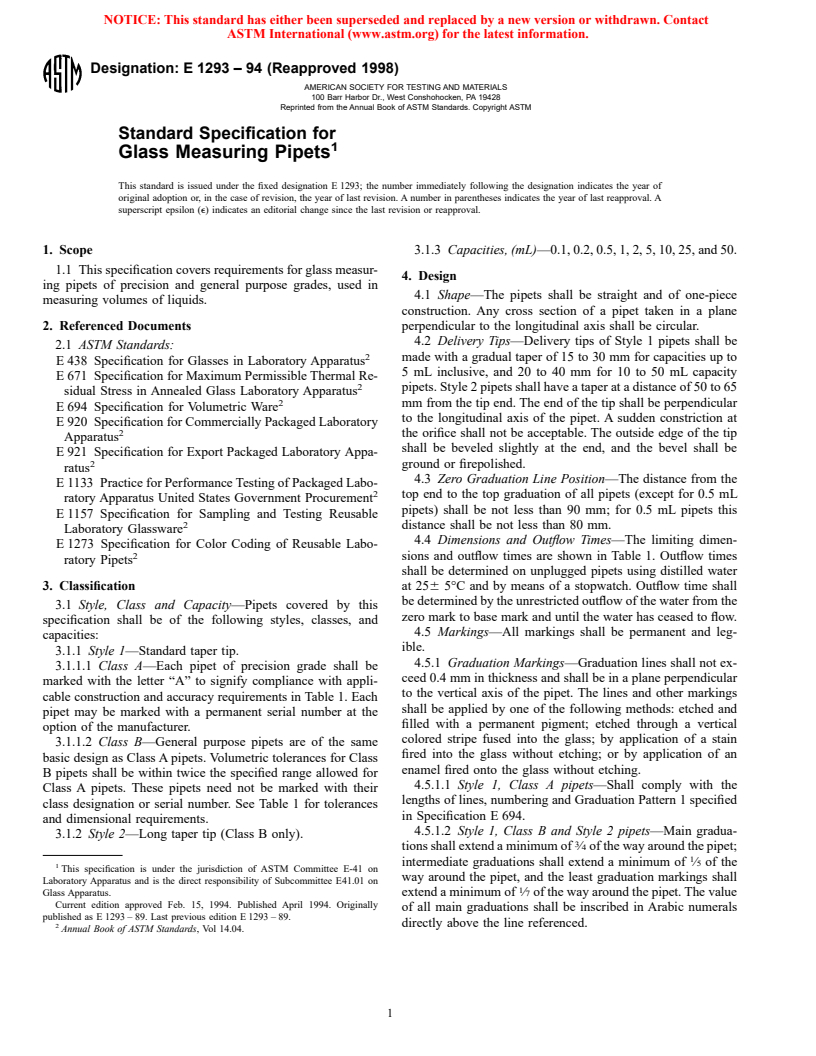 ASTM E1293-94(1998) - Standard Specification for Glass Measuring Pipets