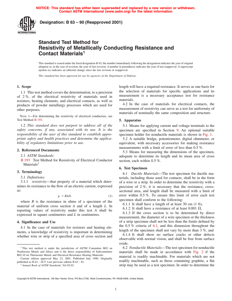 ASTM B63-90(2001) - Standard Test Method for Resistivity of Metallically Conducting Resistance and Contact Materials